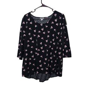 J Jill Blouse Sz XL Black Pink Floral High/Low Crossover Back 3/4 Sleeve Casual